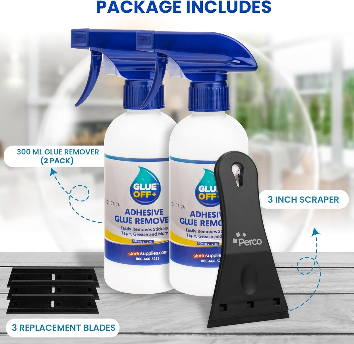 Perco Glue Off Adhesive Sticker Remover 3.3 fl. oz & Scraper with Plastic Razor for Removing Labels (Adhesive Sticker Remover & Scraper w/Plastic Razor)