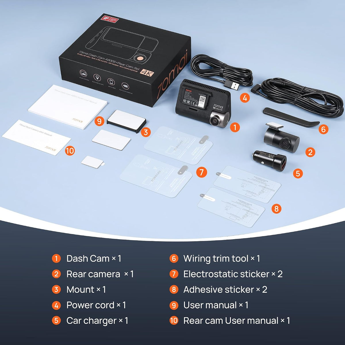 70mai 4K Dash Cam Front and Rear, Built in Wi-Fi 6 & GPS Car Camera, Super Night Vision, ADAS, 3'' IPS Screen, 24H Parking Mode, Time-Lapse, Loop Recording, with 128GB Card (A800SE)