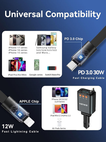 Bluetooth Car Adapter with Retractable Charger, FM Transmitter Bluetooth 5.4 for Cars, 4 in 1 Fast Car Phone Charger 69W, Handsfree Call, 2*Retractable Cable for iPhone 17/16/15/14, Galaxy-Black