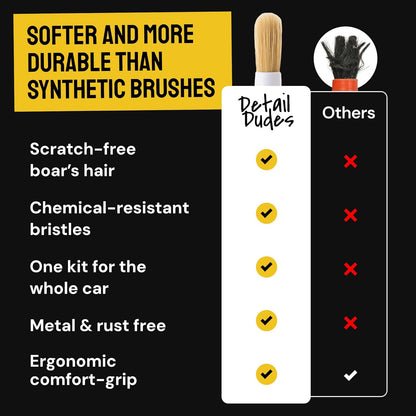 Car Detailing Brush Set 3-Pack - Soft Boar Hair Interior & Exterior Detailing Kit - Car Interior Cleaning Brushes for Leather, Piano Black Trim, Dashboards, Wheels and Engine Bay - Detail Dudes