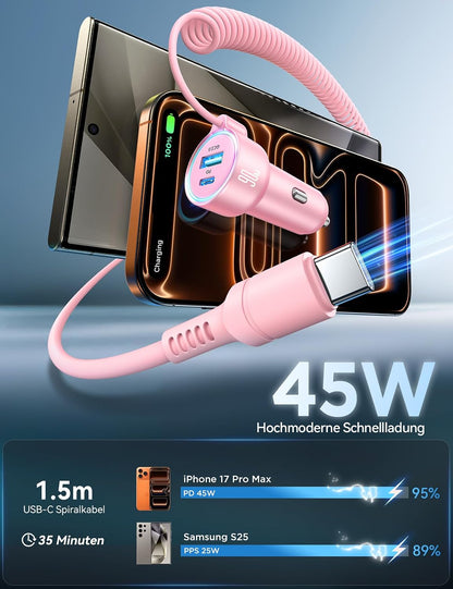USB C 90W Car Charger for iPhone 17/16 Pro Max, PD & QC3.0 w/5 ft 45W Type Coiled Cable, Fast Car Phone Charger Adapter for iPhone 17Air/15 Pro, Samsung Galaxy S26/S25/S24, Pixel 10/LG/Android, iPad