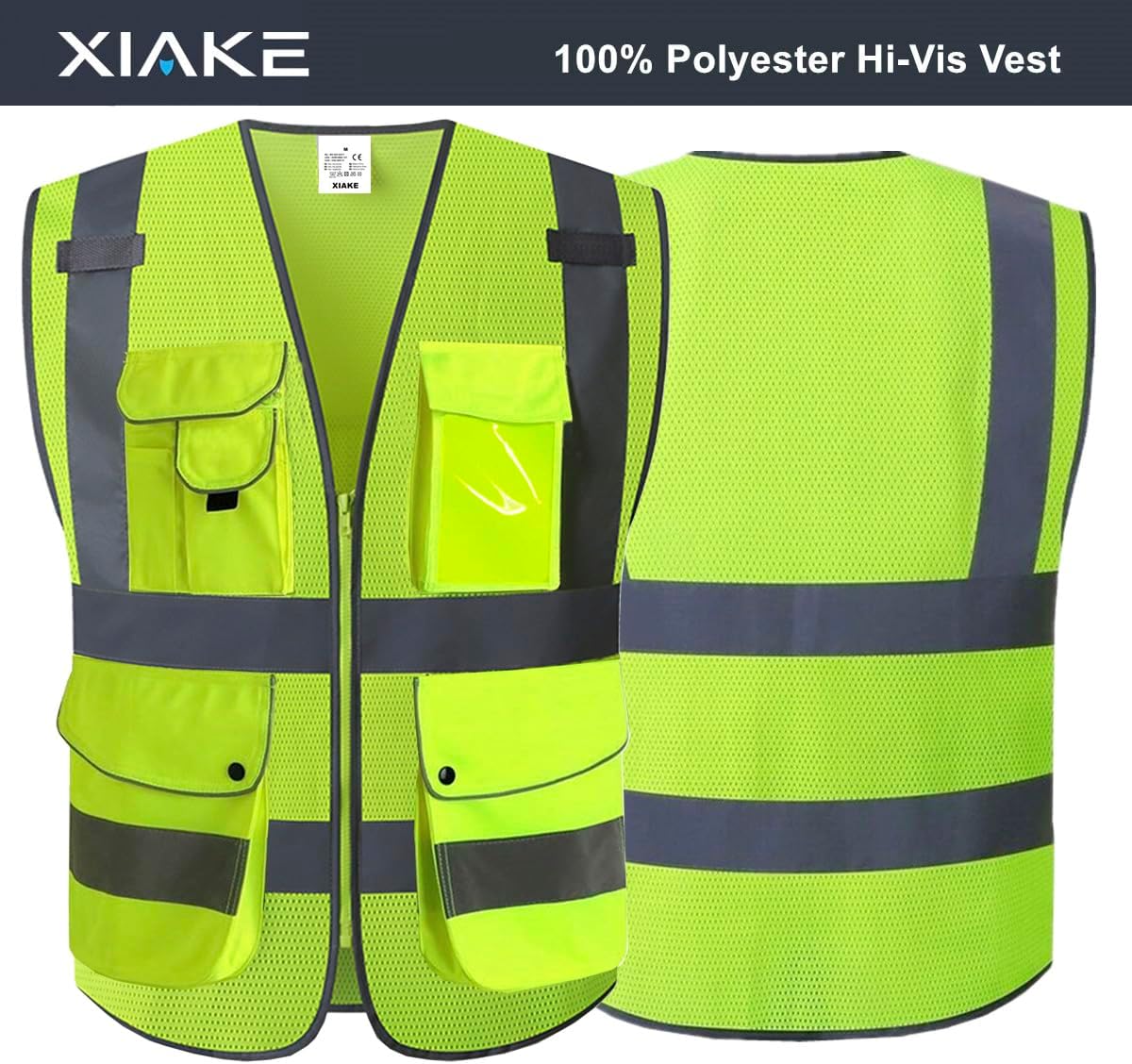 XIAKE 9 Pockets Class 2 High Visibility Reflective Safety Vest for Men Women,Meets ANSI/ISEA Standard
