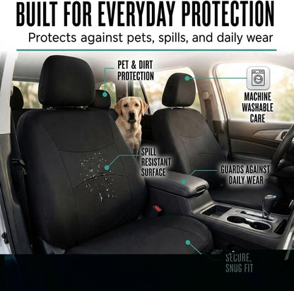 FH Group Full Set Cloth Car Seat Covers, Universal Fit Front and Split Bench Rear, Airbag Compatible, Washable for SUV, Sedan, Van - Black