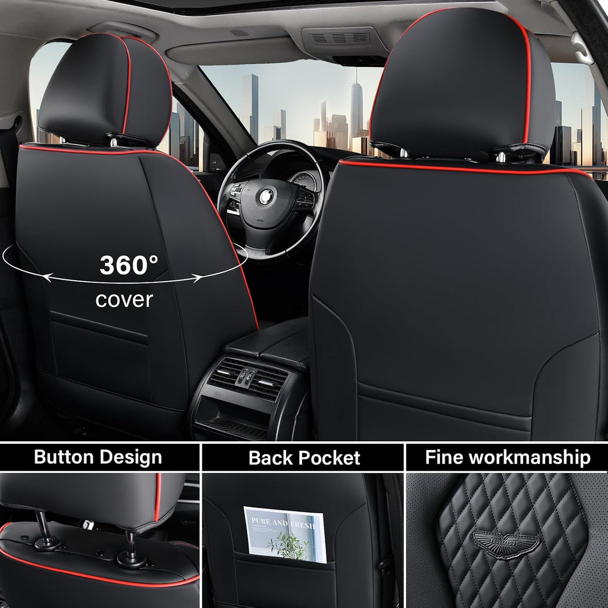 Coverado Seat Covers, Car Seat Covers Full Set, Black Car Seat Cover, Car Seat Covers Front Seats Back Seat Cover, Waterproof Car Seat Cushion, Leather Seat Covers Seat Protector Fit for Most Cars