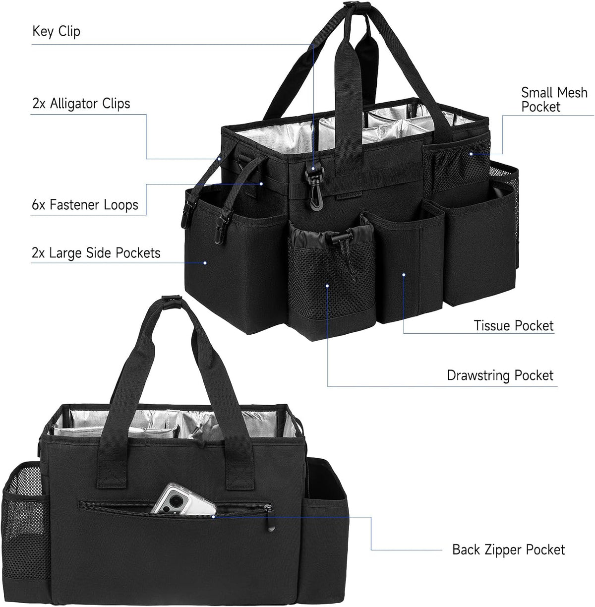 Cleaning Caddy Bag, Cleaning Supplies Organizer for Housekeepers, Housekeeping Caddy with Handle and Detachable Padded Cushion, Black