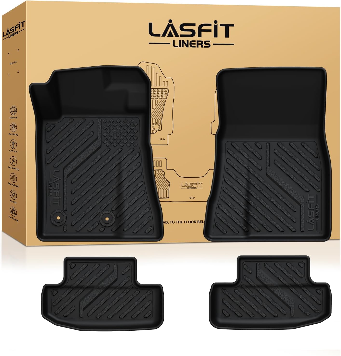 LASFIT Floor Mats for Ford F-150 2021-2026 | F150 Lightning 2022-2025 SuperCrew (Rear w/Fold Flat Storage) Carpet Floor All Weather Car Liners TPE Truck Mats - 1st and 2nd Row, 3pcs Black