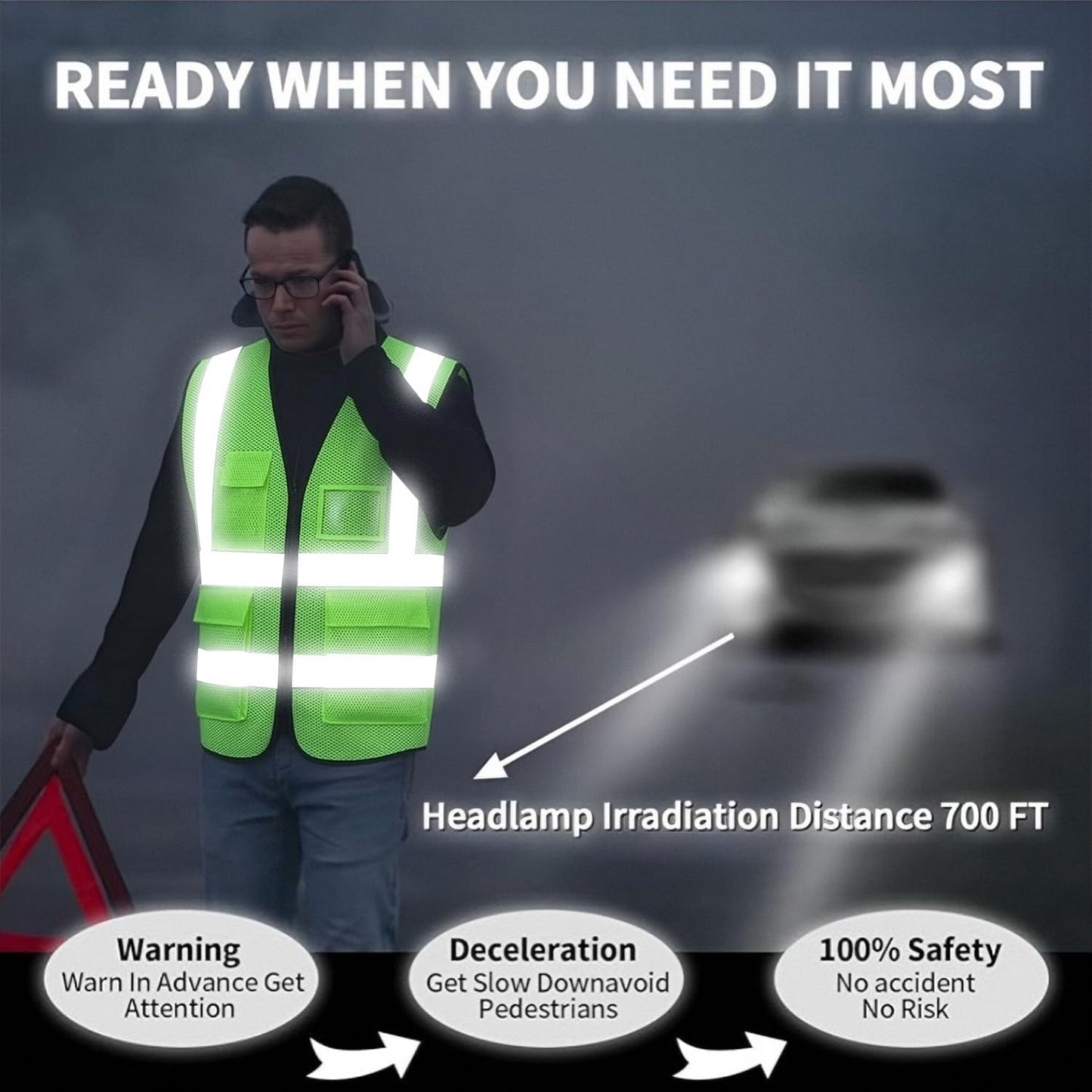 Reflective Mesh Safety Vest, Breathable Hi Vis Vest Construction Work with 5 Pockets and Zipper for Men Women
