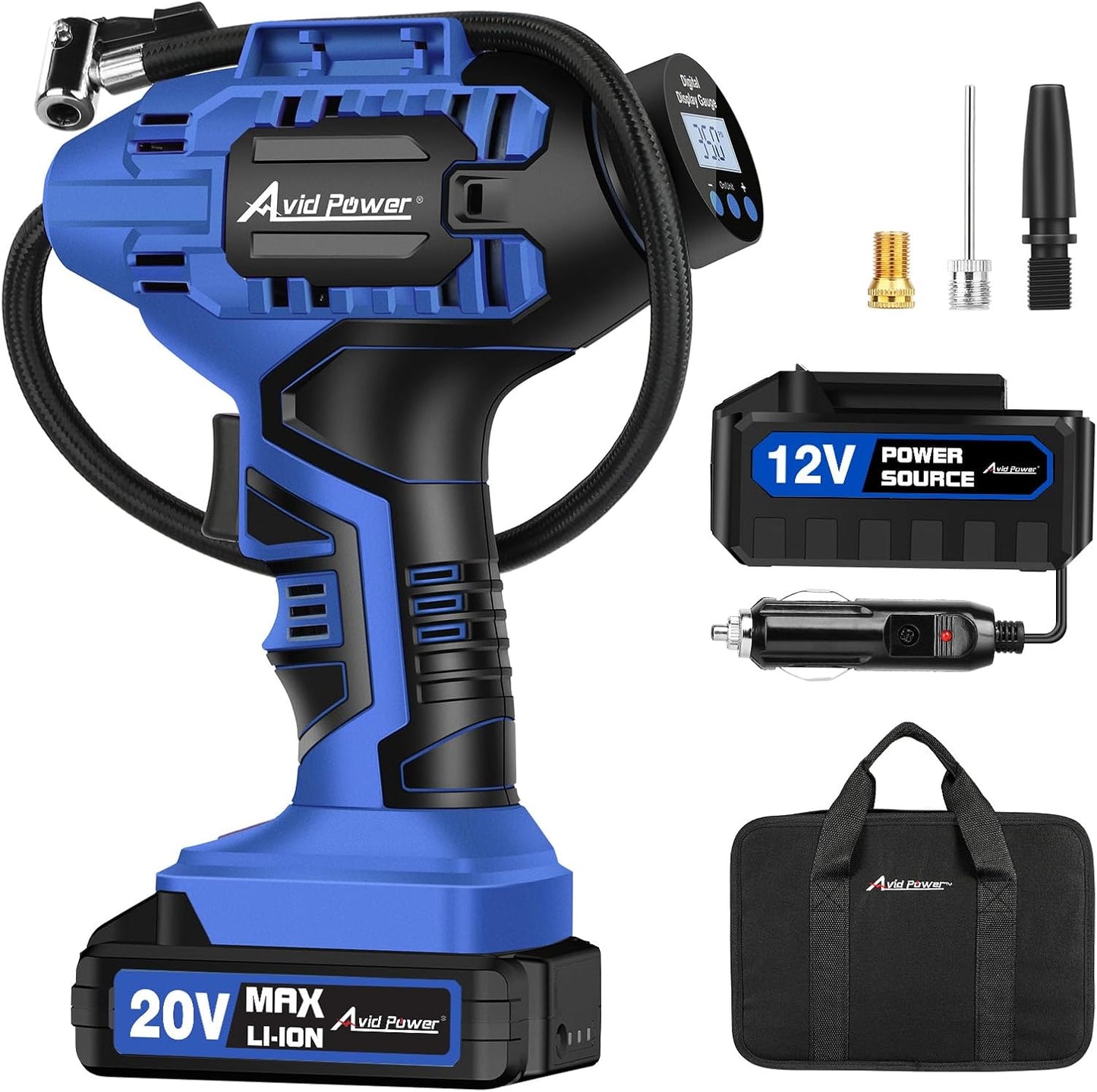 AVID POWER Tire Inflator Portable Air Compressor, 20V Cordless Car Tire Pump, Rechargeable Battery Powered Air Compressor w/12V DC Adapter, Digital Pressure Gauge