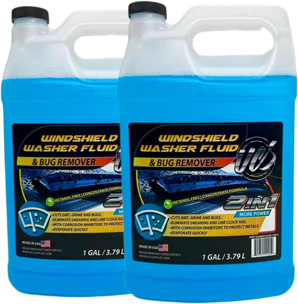 UCS 2-in-1 Windshield Washer Fluid 2-Pack (1 Gallon Each, 256 fl oz Total) – Ready to Use, Streak-Free Formula, All-Weather Cleaning, Removes Bugs, Dirt & Road Grime – Premium Windshield Cleaner
