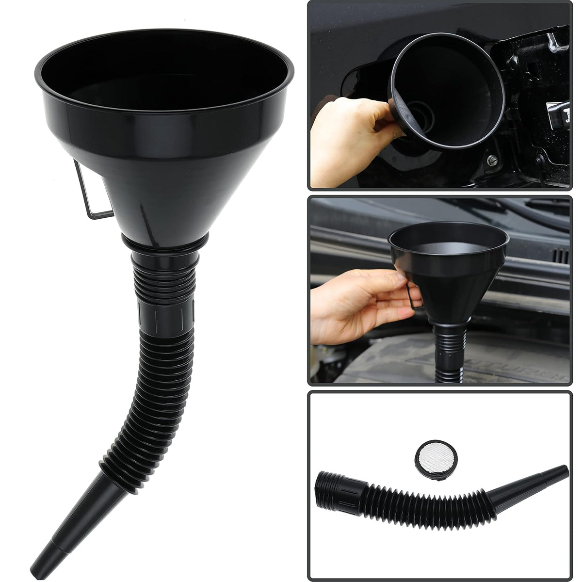 Wide Mouth Oil Funnel with Flexible Extension Nozzle Hose with Handle Mesh Screen Filter for Cars Motorcycles Engine Oil Kerosene Gasoline Gas Fuel Diesel Water Fluid Coolant Liquid Black 1PC (1)