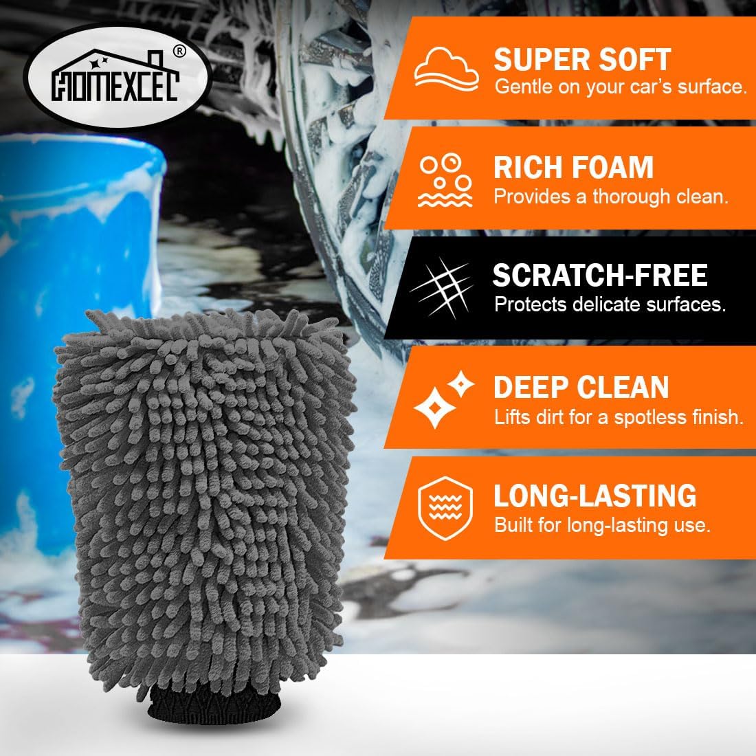 HOMEXCEL Car Wash Mitt, 2PK Chenille Microfiber Wash Mitt, Scratch-Free & Lint-Free, Rich Foam, Highly Absorbent, Double Sided, Perfect for Car Washing and Detailing, 10.2" x 6.7 ", Blue