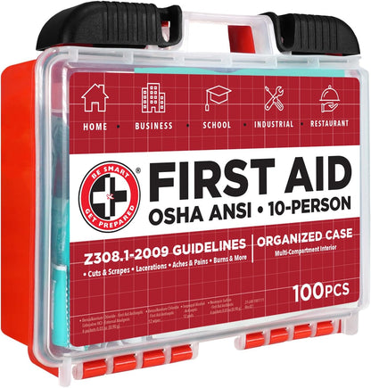 Be Smart Get Prepared OSHA/ANSI First Aid Kit - 10 Person, 100 Pieces - Designed for Home, Business, School, Industrial, and Restaurants - Compact & Portable