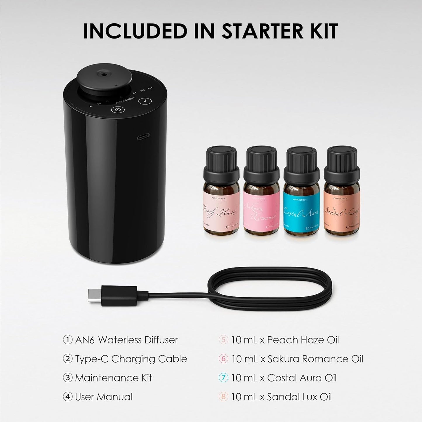 Airversa Waterless Diffuser for Essential Oil, Car Diffsuer, Battery Operated Nebulizer, 0.7 Fl Oz/ 20mL, Mini Scent Air Machine, 3 Timers & 3 Mist Levels for Home, Room, Car, Office - AN6 Black