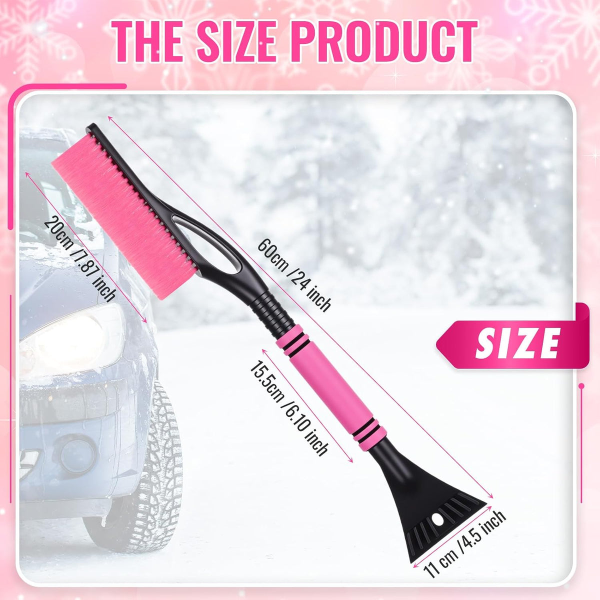 Lasnten 24'' Snow Brush and Ice Scraper for Car Windshield, 2 in 1 Detachable Snow Scraper with Soft Grip Handle and Additional Handhold, Multi-Functional Removal Tool for Car, Truck, SUV(Pink)