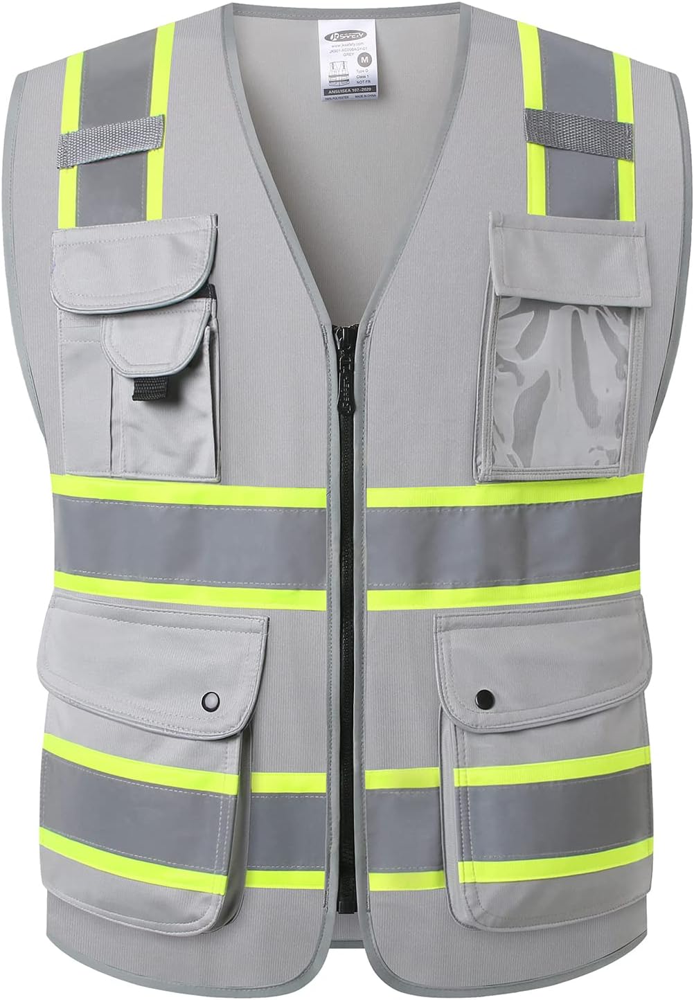 JKSafety 9 Pockets Class 2 High Visibility Zipper Front Safety Vest With Reflective Strips,Meets ANSI/ISEA Standard (Large, 150-Yellow) - Colors B