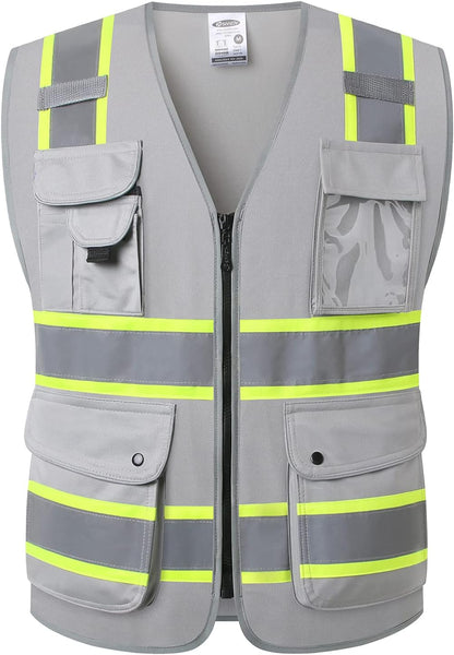 JKSafety 9 Pockets Class 2 High Visibility Zipper Front Safety Vest With Reflective Strips,Meets ANSI/ISEA Standard (Large, 150-Yellow) - Colors B