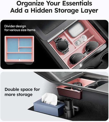 Wigoo Center Console Organizer for Tesla Model Y Juniper (Only Premium & Performance 2025 2026) and All Model 3 Highland Accessories [Double-Layer Storage, Smooth Sliding] 4PCS Black
