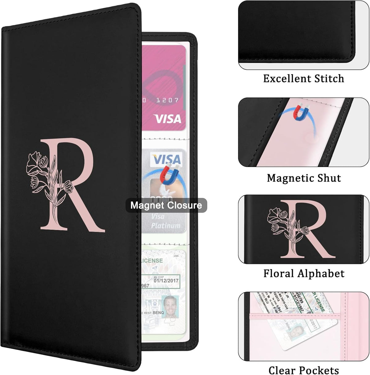 Letter Car Registration and Insurance Holder, with Magnetic Closure for License, Cards and Documents,Vehicle Glove Box Car Organizer, Interior Car Accessories for Women Men (M)