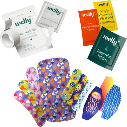 Welly First Aid Kit | FSA Eligible | Adhesive Flexible Fabric and Waterproof Bandages, Tape and Non-Stick Pads, Butterfly Strips, Triple Antibiotic and Hydrocortisone Ointments, Ibuprofen - 130 Count