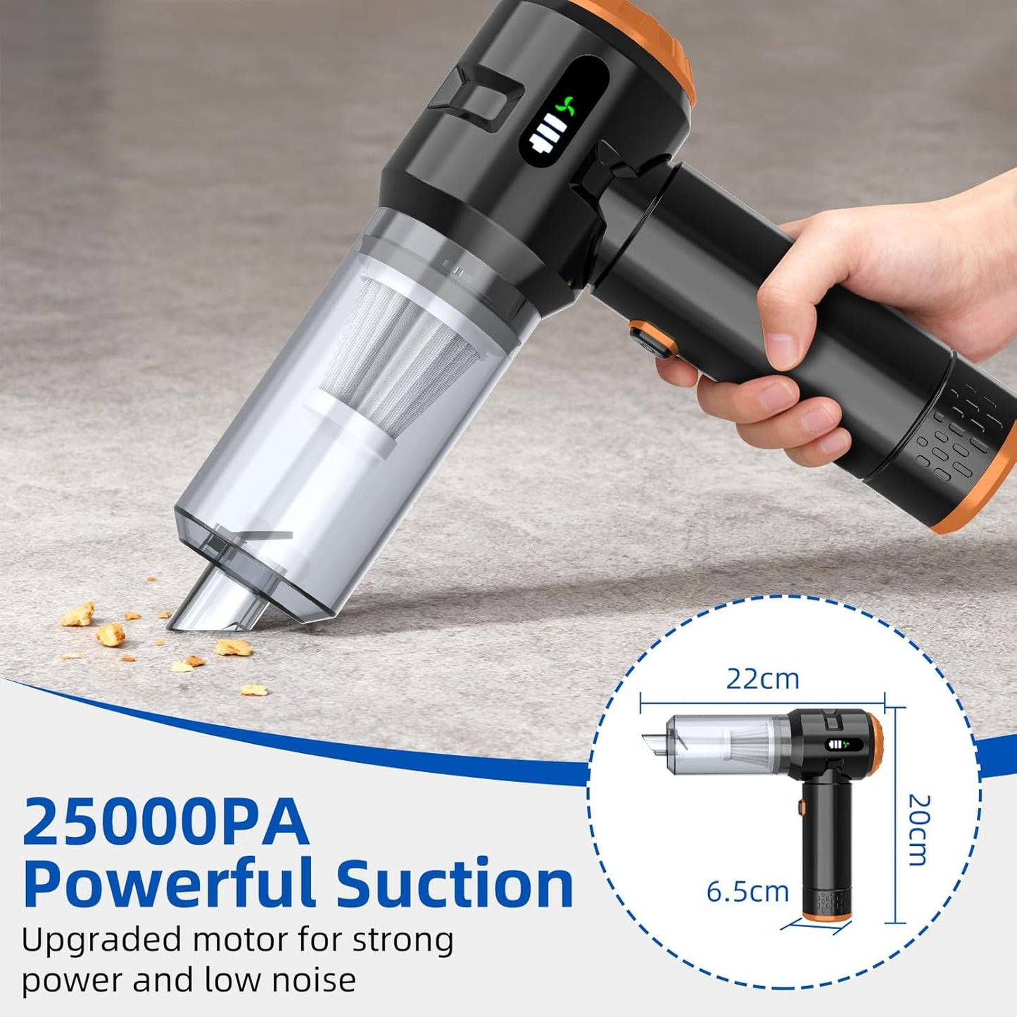 Sycoodeal Handheld Car Vacuum Cleaner, 25000PA Strong Cyclonic Suction Portable Mini Vacuum Cordless with Digital Display Lightweight Handheld for Pet Hair, Car, Home, Office, Kitchen(Silver)