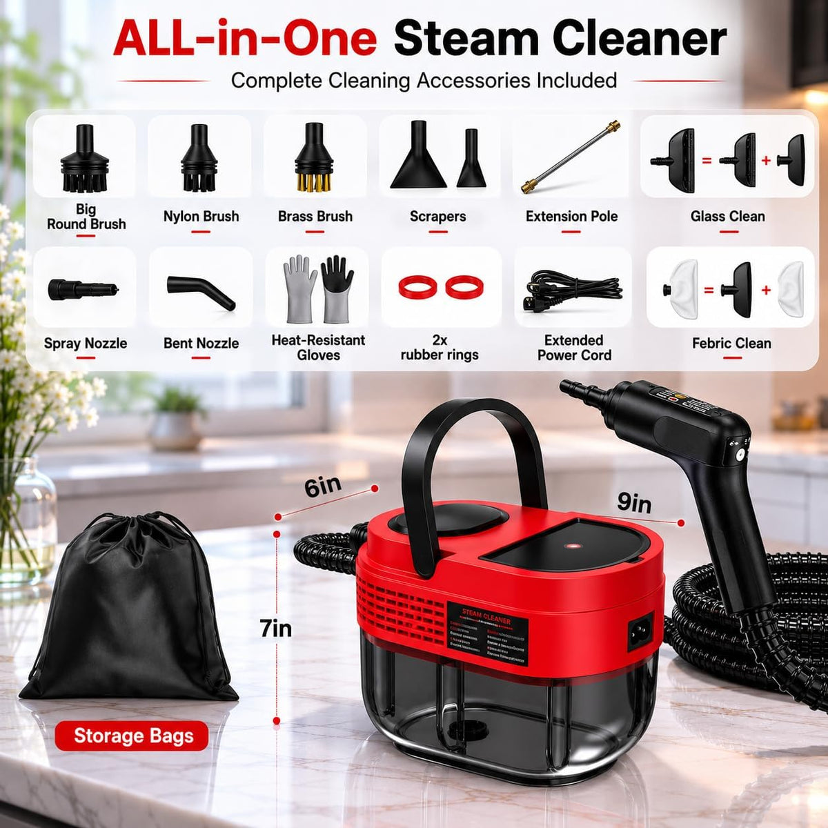 Handheld Steam Cleaner for Home, 2500W High Pressure Steam Cleaner for Car Detailing, 3 Steam Levels, 1600Ml Tank, High Heat Steamer for Bed Bugs, Couch, Furniture, Kitchen, Bathroom, Floors