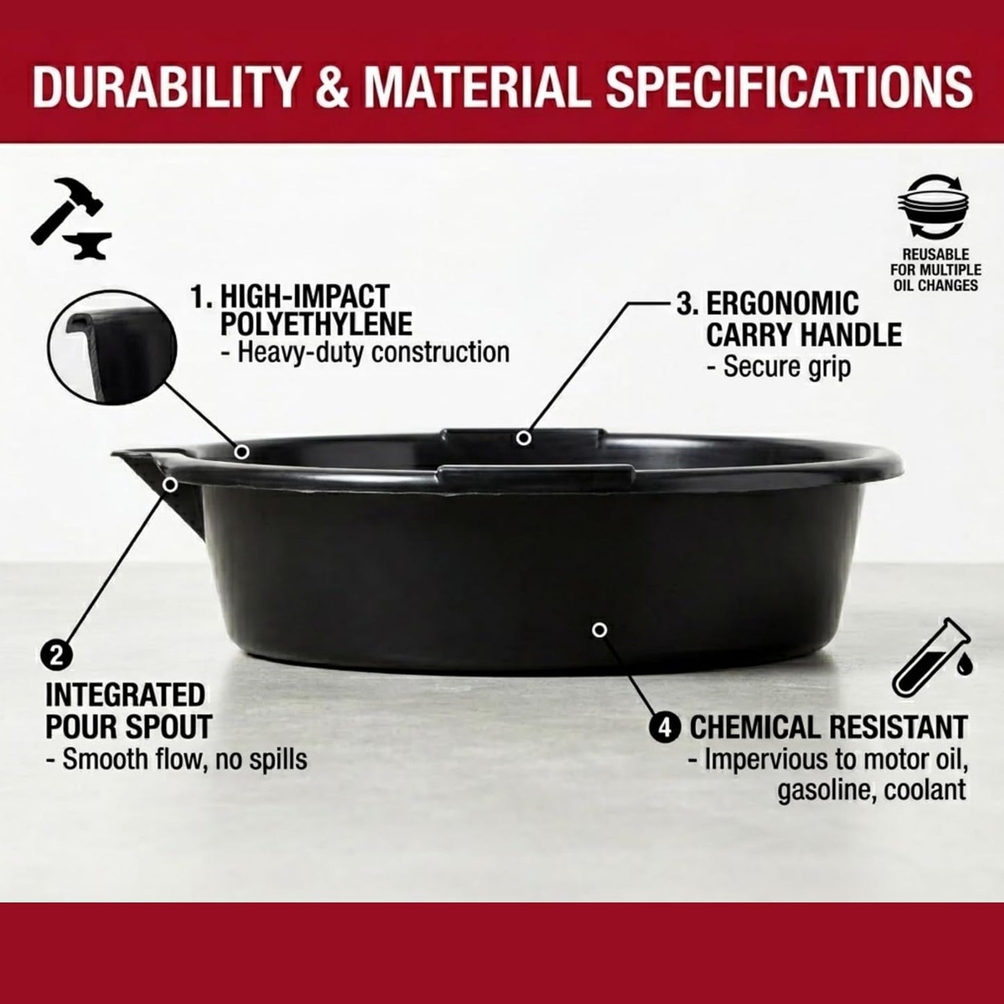 Oil Drain Pan, 7-Quart Oil Change Pan with Built-in Scale and Spout, Portable Waste Oil Catch Basin for Garage and Car Engine Maintenance, Black