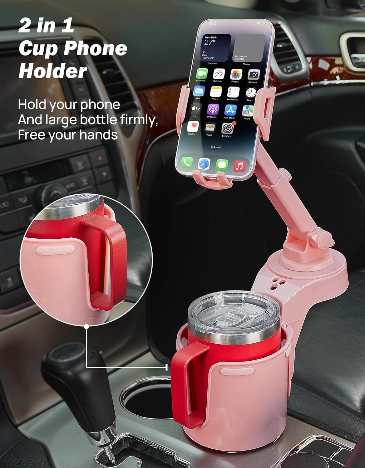 JOYTUTUS Cup Holder Phone Mount for Car, Car Cellphone Large Adapter Long Arm with 360 Degree Rotation, Compatible iPhone, Samsung & All Smartphones,Black,1 Pack