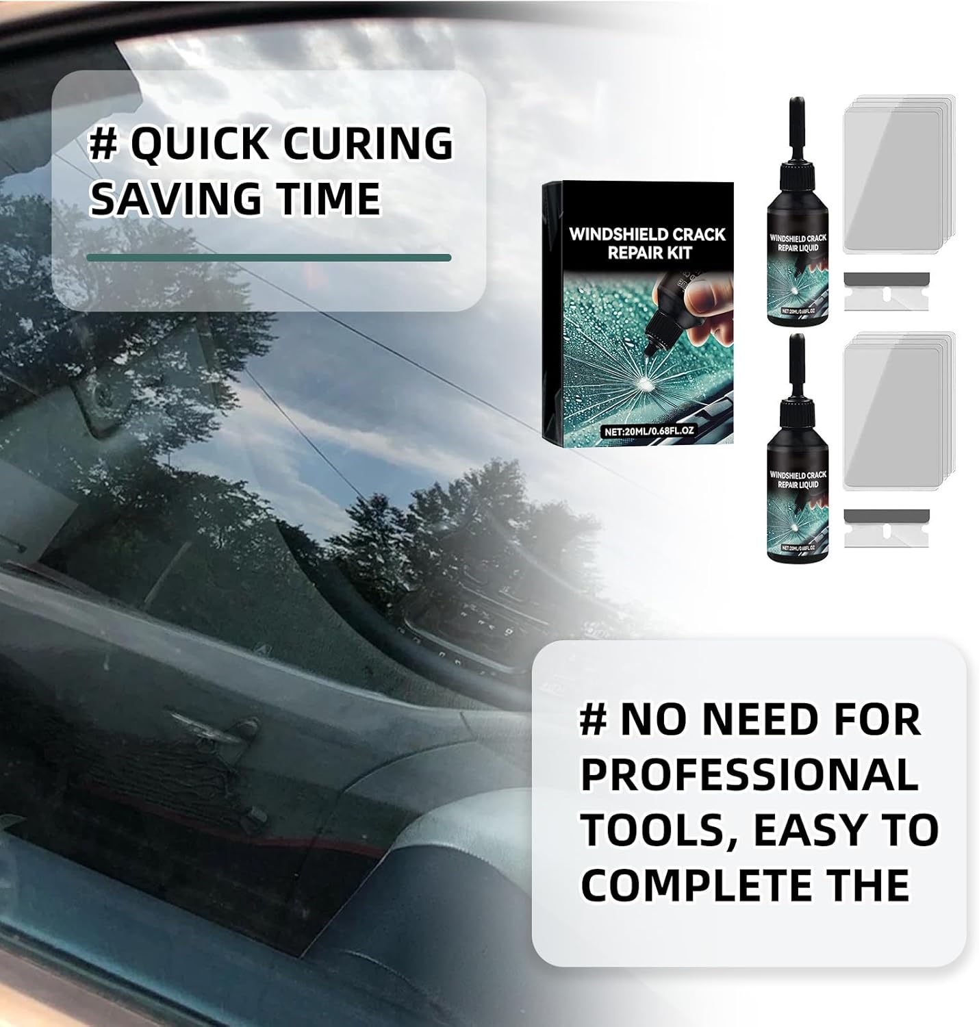 Cracked Windshield Repair Kit for Car Cracks, Fast and Convenient (2PCS) | Emergency Repair for Star, Linear Cracks & Chips,Portable Emergency Glass Repair Set for Car and Home Use