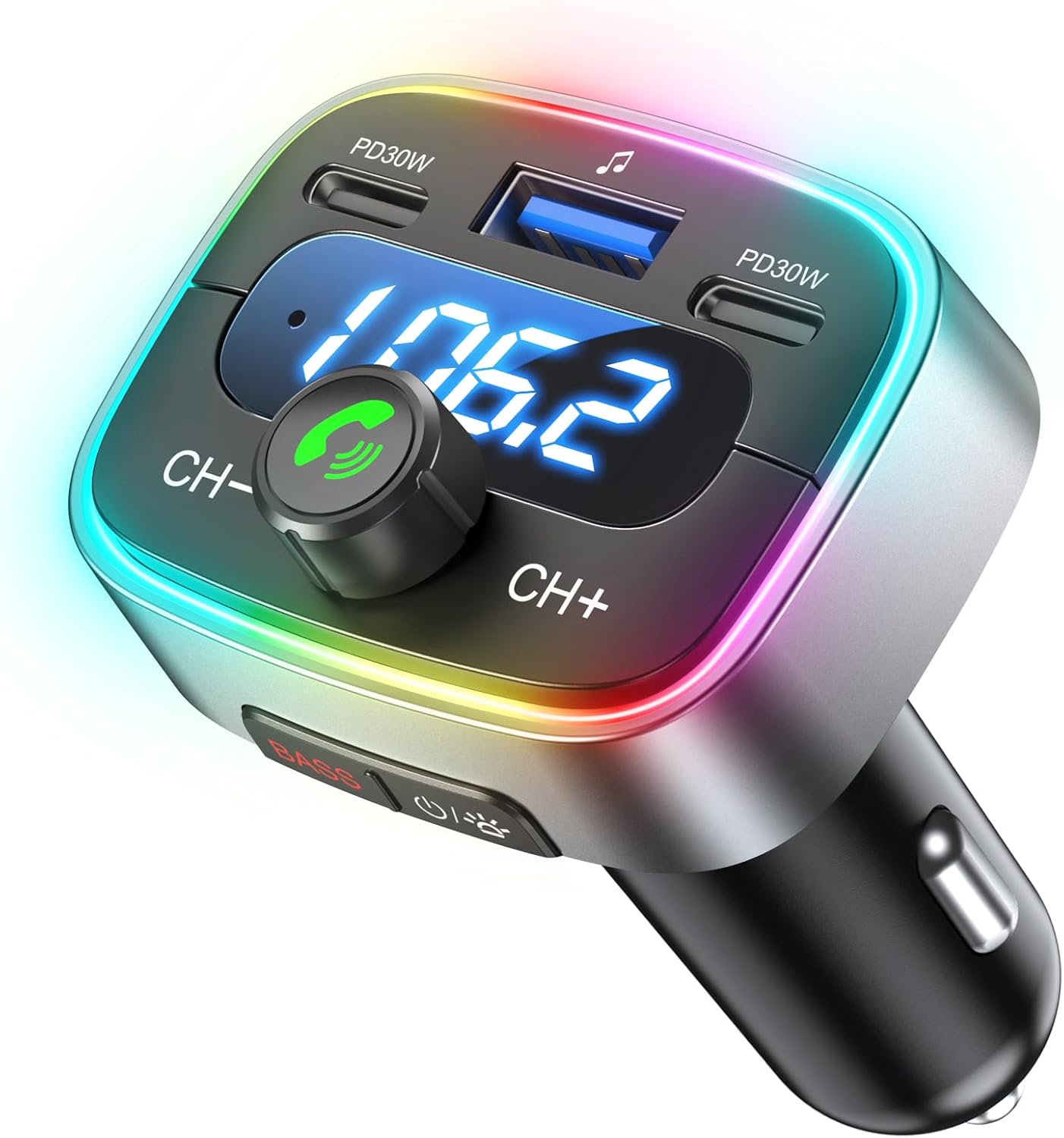 Bluetooth 5.4 Car Adapter 60W Charging USB Bluetooth Adapter for Car,Wireless Fm Transmitter Radio,Handsfree Calling and Audio Receiver,HiFi Music Player,7 Colors LED Backlit