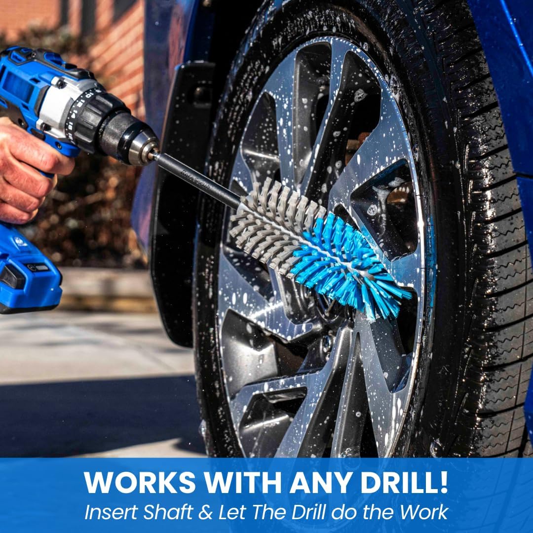 Long Reach Drill Brush Attachment, All Purpose for Car Tires, Wheels, Wheel Wells, Engine Bays, Exhaust Pipes, Running Boards, Hard to Reach Areas, with Heavy Duty Non-Scratch Nylon Bristles