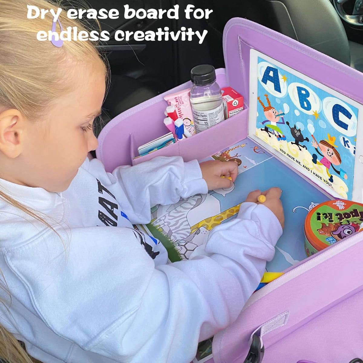 MENZOKE Kids Travel Tray for Toddler Car Seat, Road Trip Activities for Kids with iPad Holder Stand & Dry Erase Board, Road Trip Essentials Accessories Lap Tray as Travel Gifts for Kid, Pink