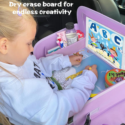 MENZOKE Kids Travel Tray for Toddler Car Seat, Road Trip Activities for Kids with iPad Holder Stand & Dry Erase Board, Road Trip Essentials Accessories Lap Tray as Travel Gifts for Kid, Pink