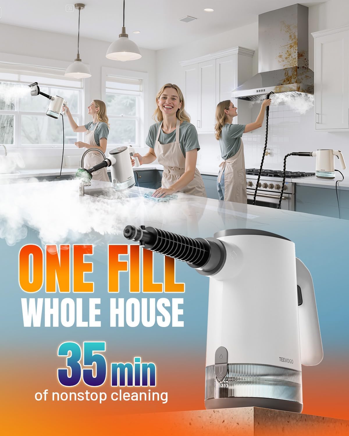 Handheld Steam Cleaner, 15s Fast Heating, Adjustable Steam, 650mL Large Water Tank, Pressurized Portable Steamer for Cleaning Home, Kitchen, Car, Bathroom, Tile, Furniture, Multi-Surface