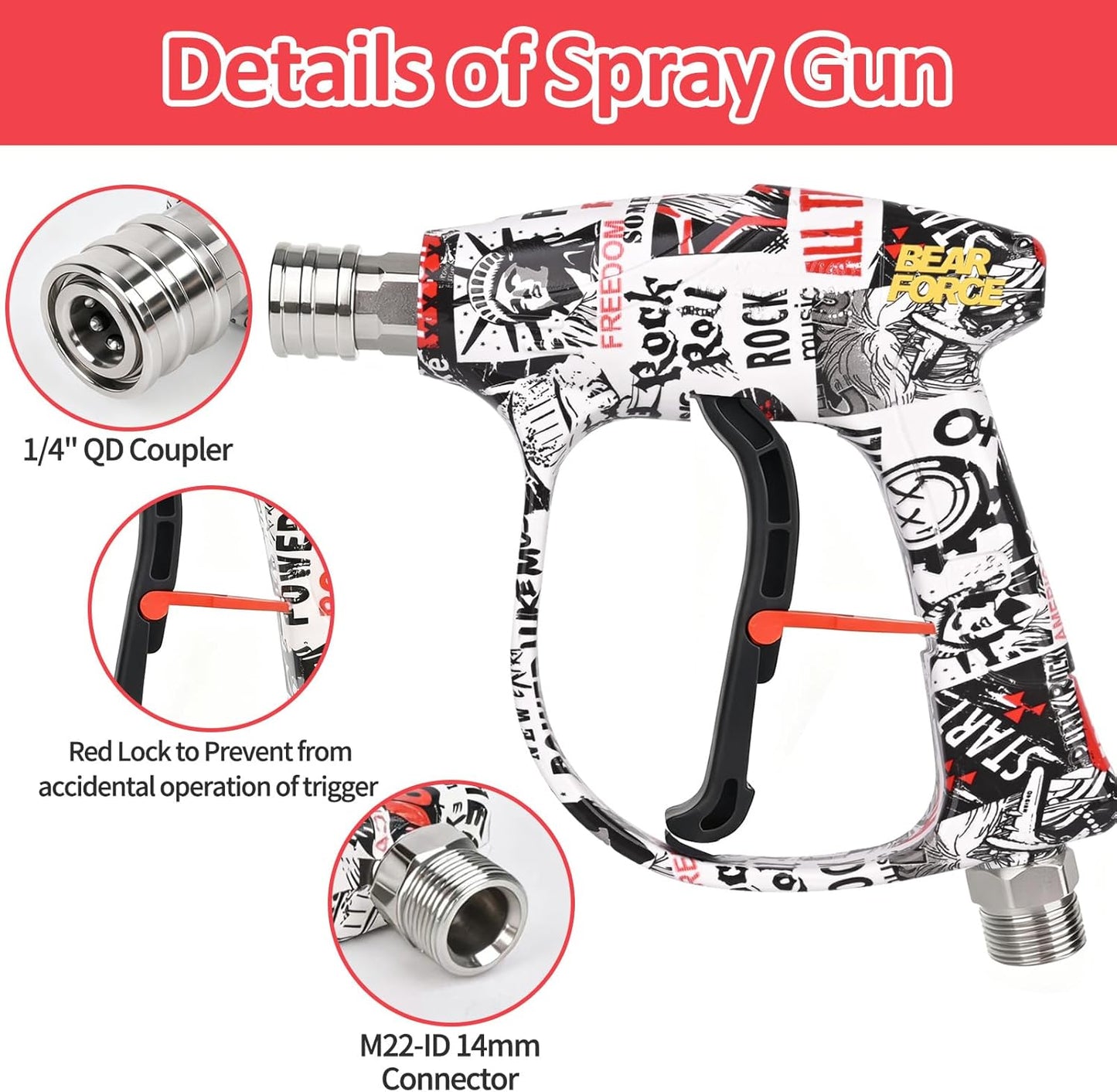 BEAR FORCE Pressure Washer Short Spray Gun M22-ID14mm Max 3000 PSI & Foam Cannon Foam Gun with 5 Tips #035 & 3/8'' Quick Connector Swivel, Additional Orifice Nozzle 1.10mm, Car Care Detailing