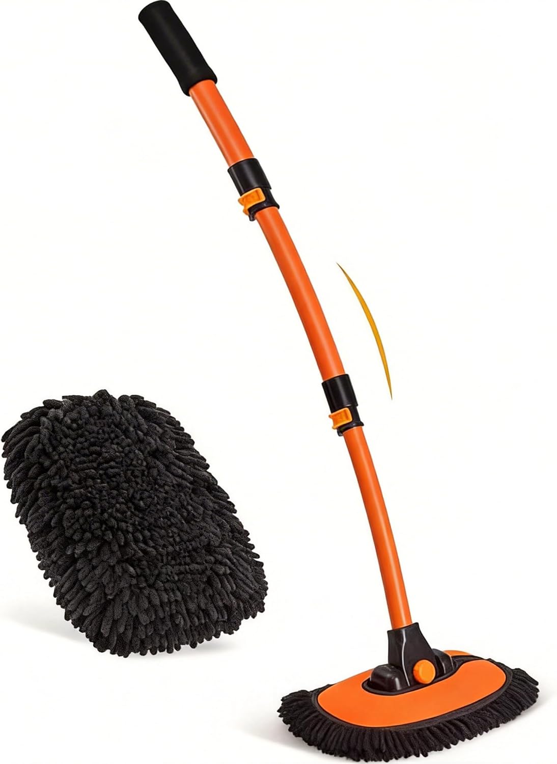 57'' Car Wash Brush with Long Handle Chenille Microfiber Car Wash Kit， Mitt Retractable Bent Pole Car Wash Brush for Cars RV Truck Boat (Yellow)