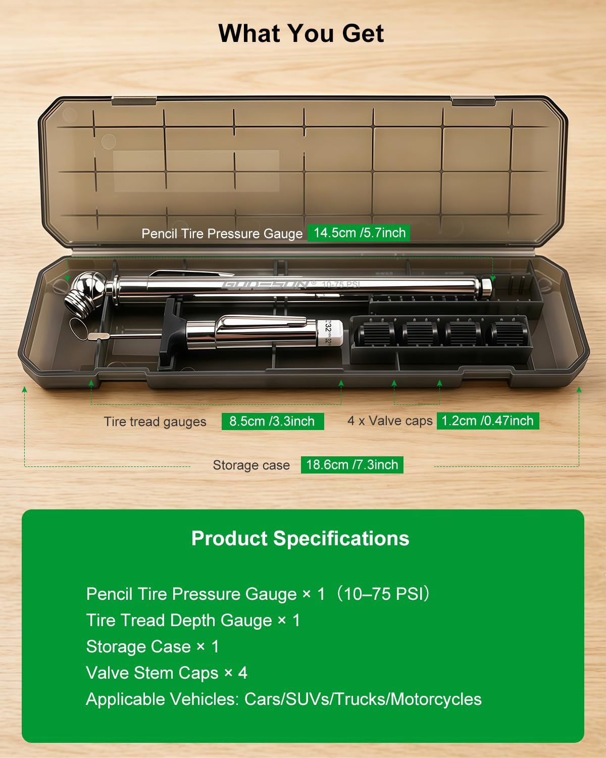 GODESON Tire Tread Depth Gauge & Pencil Tire Pressure Gauge 10-75 PSI, Calibrated to ANSI B40.1 Grade B(±2%), Color-Coded Tread Indicator, 4 Valve Caps & Storage Case, Tire Safety Kit for Cars, SUVs