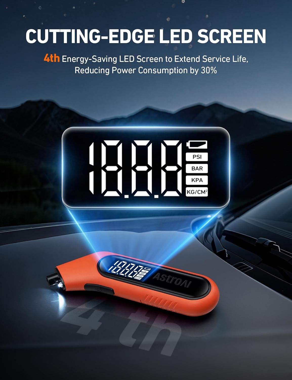 AstroAI Digital Tire Pressure Gauge 3-300PSI Calibrated to ANSI B40.7 Grade 2A (0.5%), Backlight and Flashlight, Presta Valve Adaptor Included, 4 Units, AAA Batteries, Orange