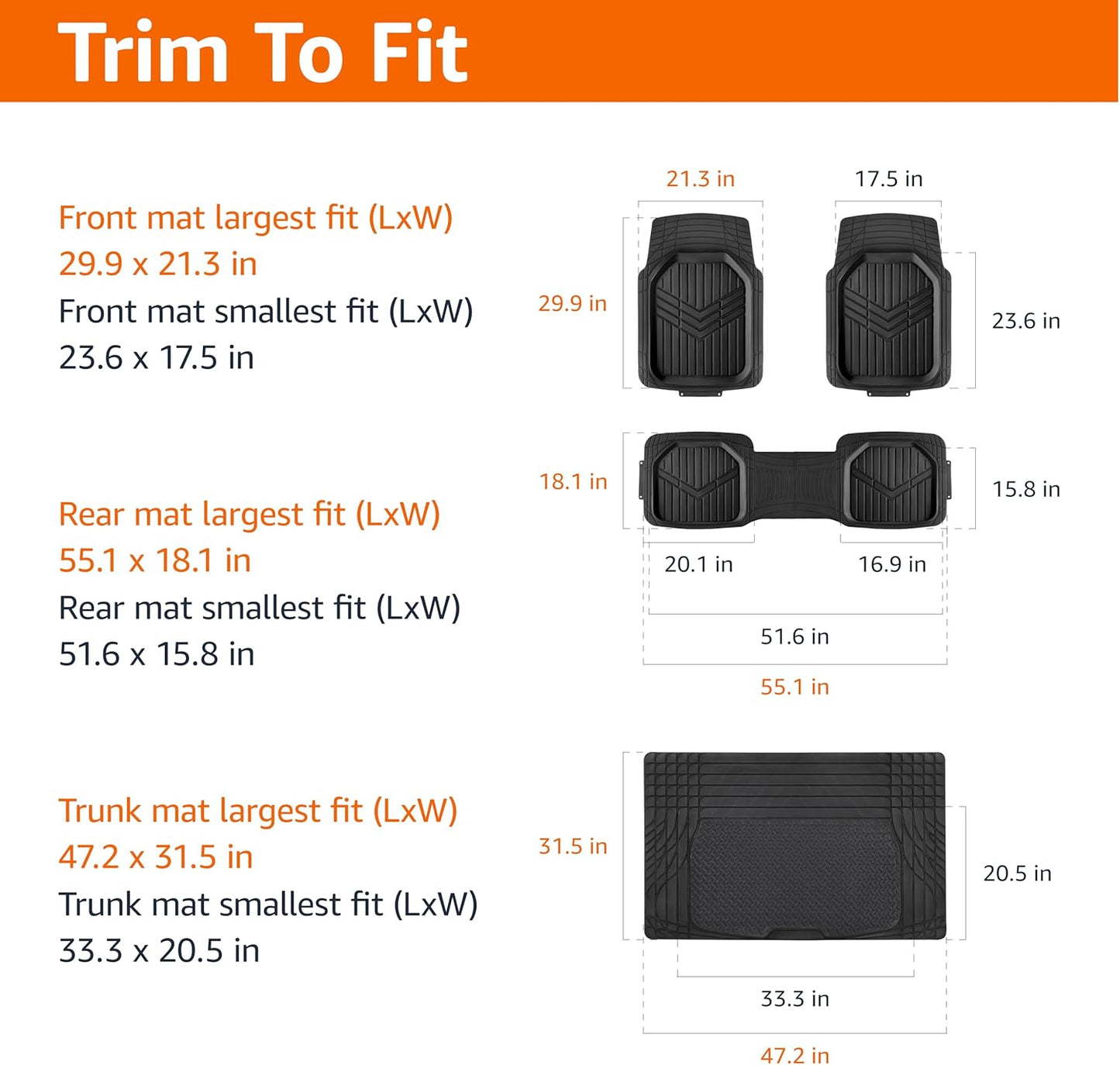 Amazon Basics 4-Piece Heavy Duty Anti-Slip PVC Floor Mats with Cargo Liner, Waterproof Trim To Fit Car Mats, Easy to Clean, Black