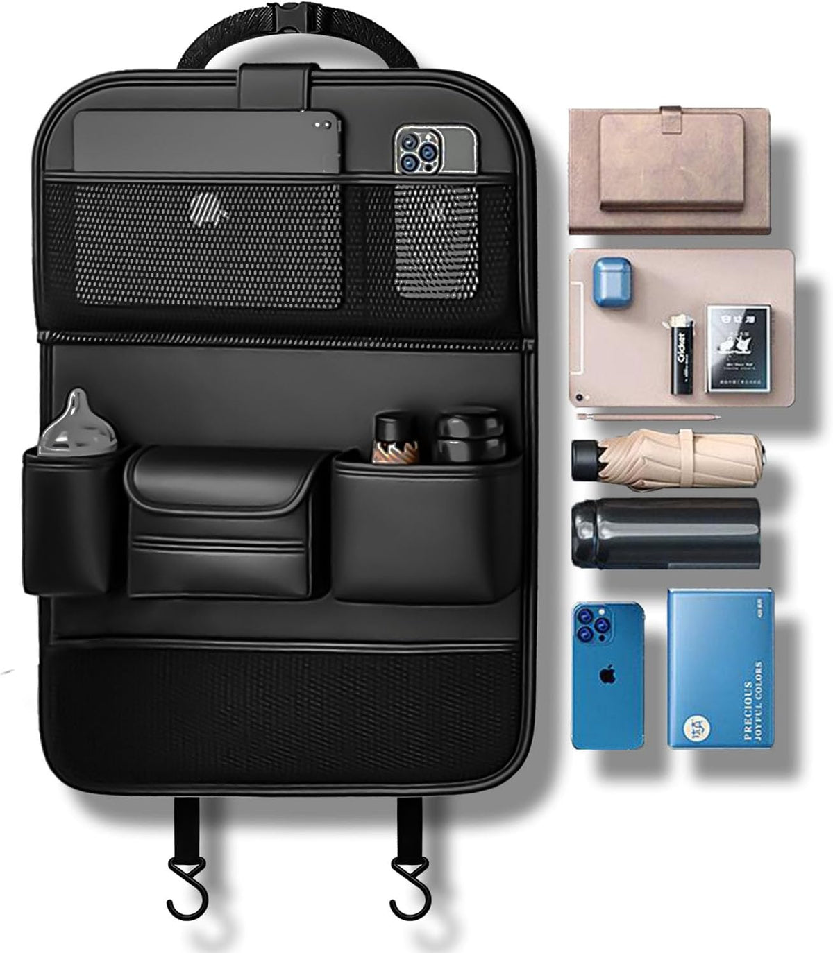 2 Pack Leather Car Backseat Organizer with Foldable Table Tray, Universal Car Seat Back Protector Kick Mat with Touchscreen Tablet Holder, Storage Pockets, Cup Holders & Tissue Holder, Black