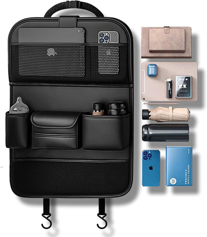 2 Pack Leather Car Backseat Organizer with Foldable Table Tray, Universal Car Seat Back Protector Kick Mat with Touchscreen Tablet Holder, Storage Pockets, Cup Holders & Tissue Holder, Black