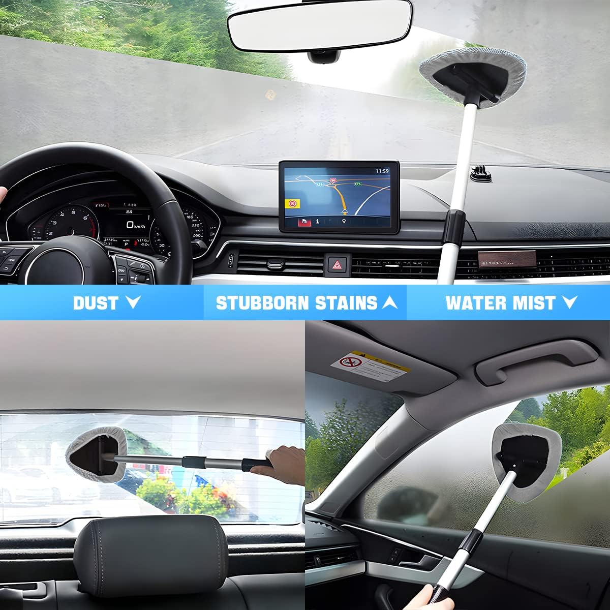 Windshield Cleaning Tool, Car Window Cleaner with Extendable Long Handle and 4 Washable Reusable Microfiber Pads, Auto Interior Exterior Glass Wiper Cleaning Kit Universal for Office and Home (Blue)
