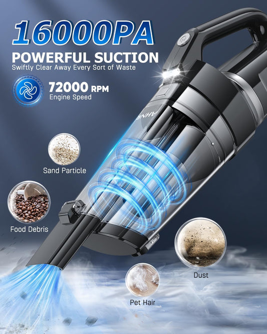 AHNR Handheld Vacuum Cordless, 16000PA Powerful Suction Hand Held Vacuum Dust Busters Cordless Rechargeable with LED Light & 2 HEPA Filters, Portable Car Vacuum Cleaner High Power for Car Home Office