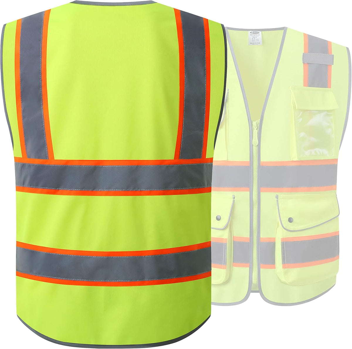JKSafety 9 Pockets Class 2 High Visibility Zipper Front Safety Vest With Reflective Strips,Meets ANSI/ISEA Standard (Large, 150-Yellow) - Colors B