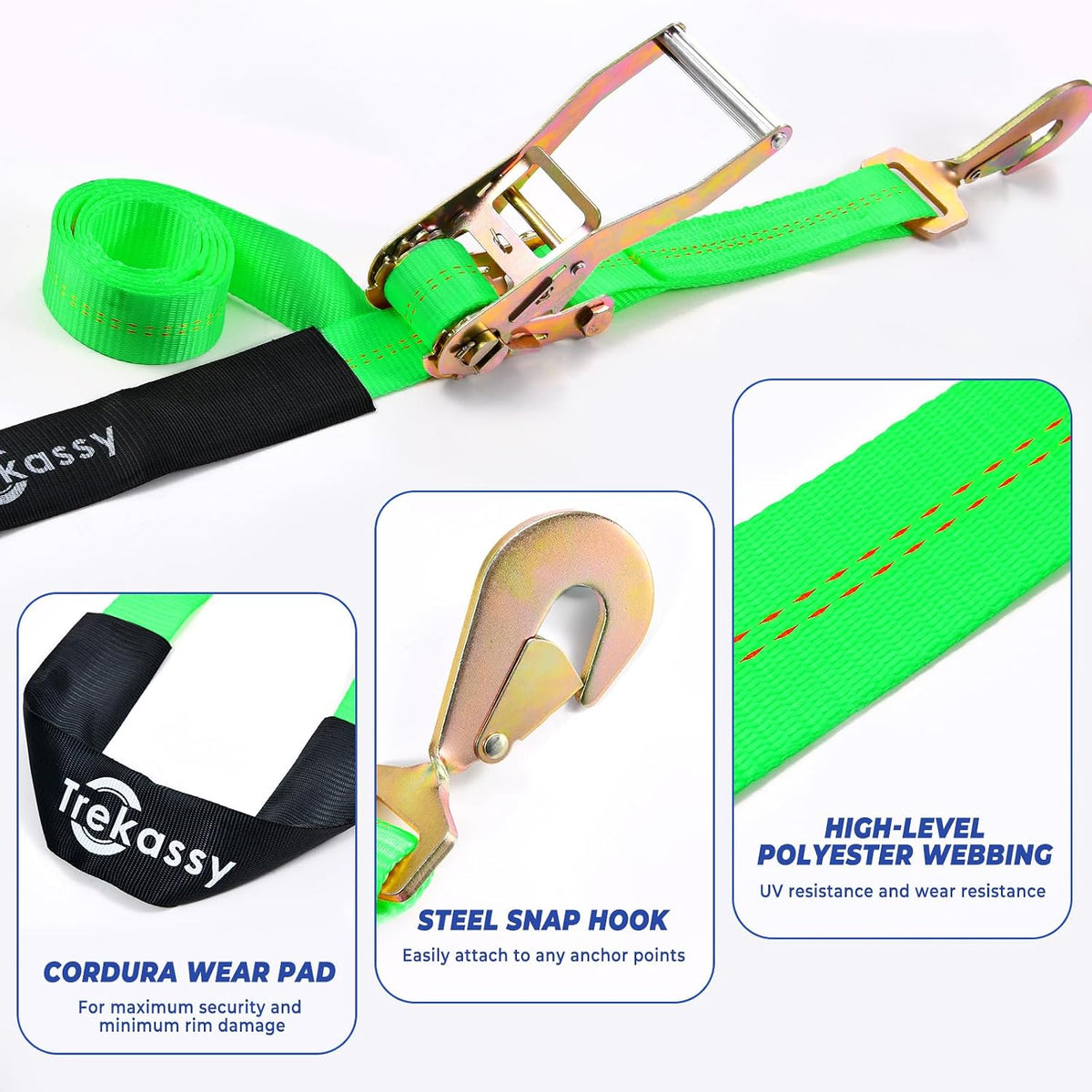 Trekassy Car Tie Down Straps for Trailers with Snap Hooks, Ratchet Straps for Car, Truck, UTV & More, 10000 lb Break Strength, Includes (8) Axle Straps