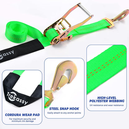 Trekassy Car Tie Down Straps for Trailers with Snap Hooks, Ratchet Straps for Car, Truck, UTV & More, 10000 lb Break Strength, Includes (8) Axle Straps