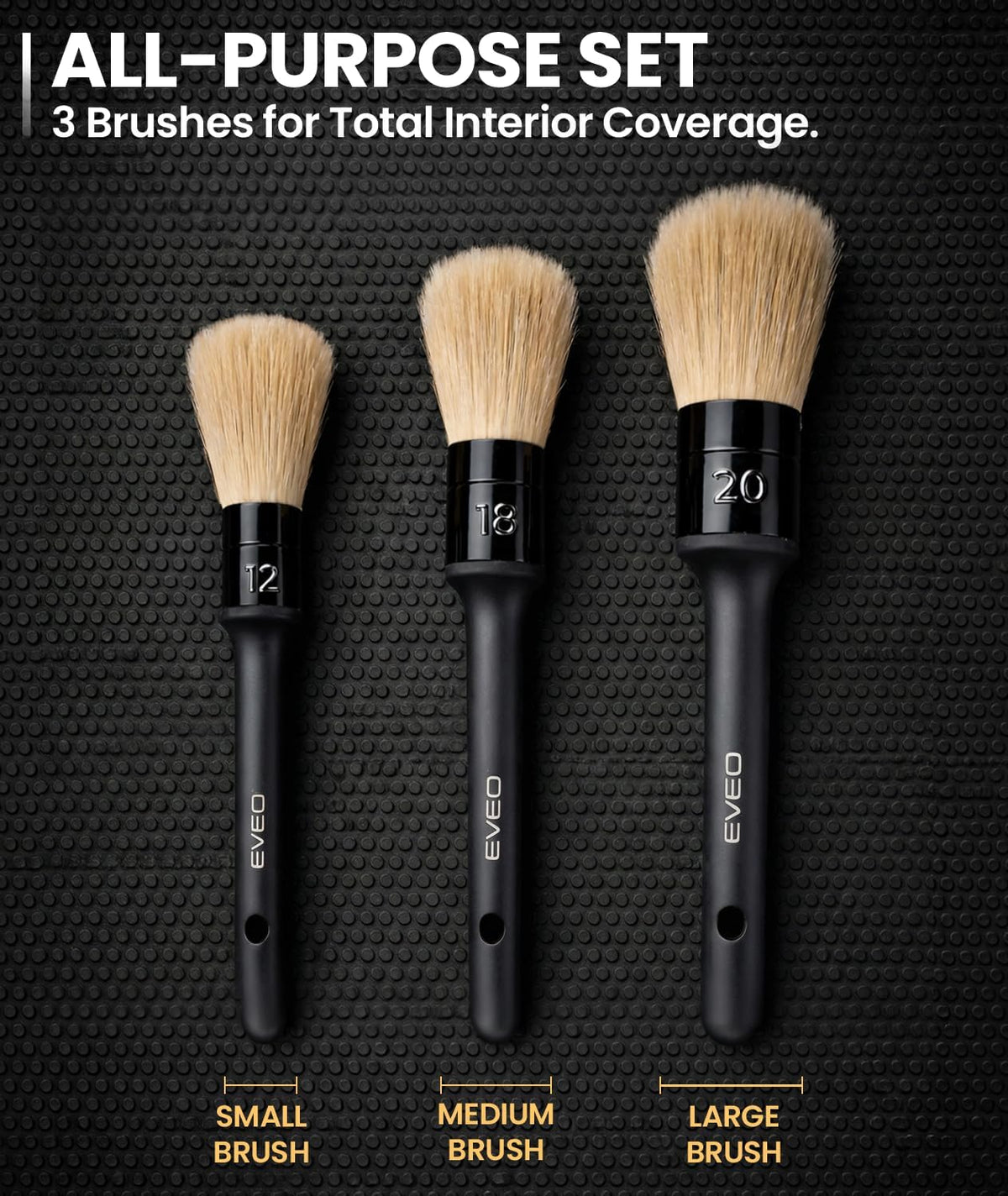 EVEO Car Detailing Brush Set - (3 Pack) Car Detailing Kit Interior, Car Interior Detailing Kit Car Detailing Brushes - Car Cleaning Brush, Car Detailing Brushes, Car Detailing Tools | Soft Boars Hair