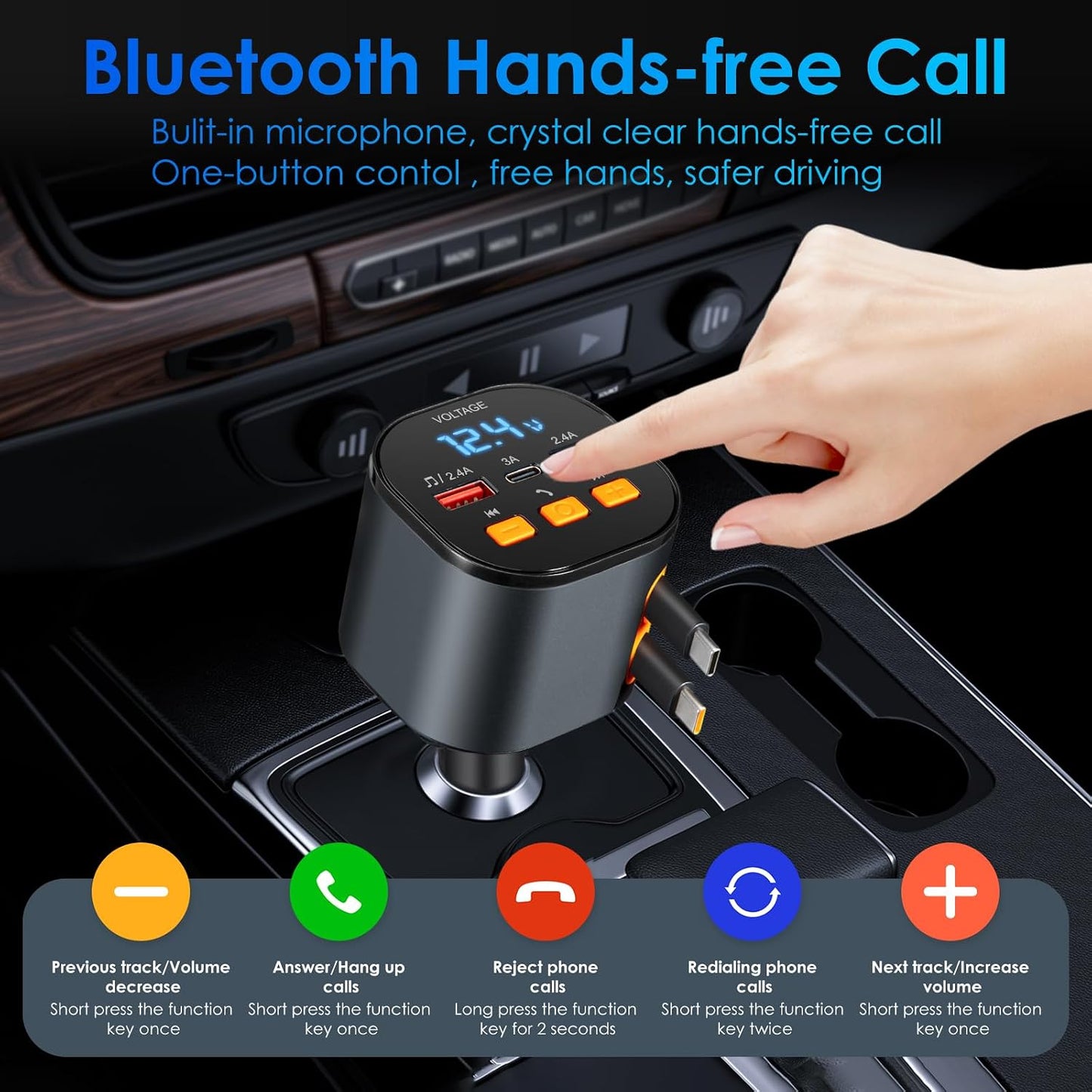 Retractable Car Charger,5 in 1 Fast Cars Phone Charger 90W,Bluetooth 5.3 FM Transmitter Adapter,Handsfree Call,2 Retractable Cables and USB Chargers for iPhone17/16 15/14/13
