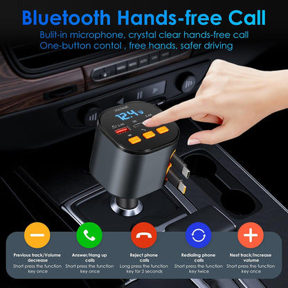 Retractable Car Charger,5 in 1 Fast Cars Phone Charger 90W,Bluetooth 5.3 FM Transmitter Adapter,Handsfree Call,2 Retractable Cables and USB Chargers for iPhone17/16 15/14/13