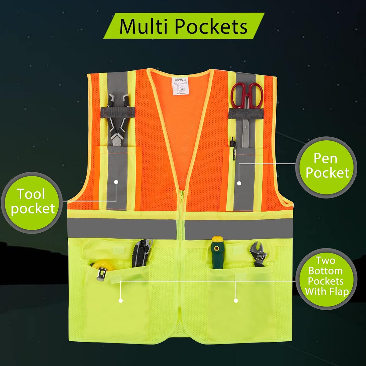 High Visibility Reflective Safety Vest with Zipper and Pockets Orange,M