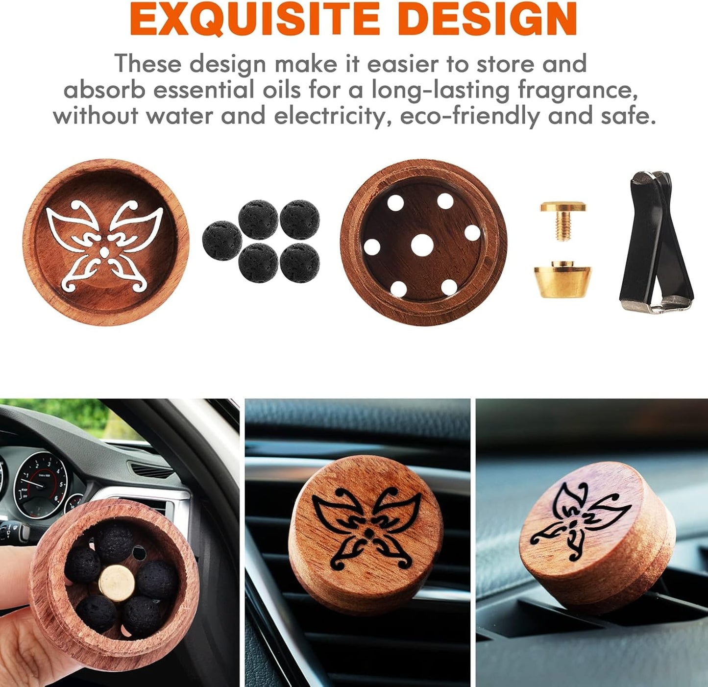 Essential Oil Car Diffuser, 2 PCS Car Aromatherapy Wood Diffuser with Vent Clip